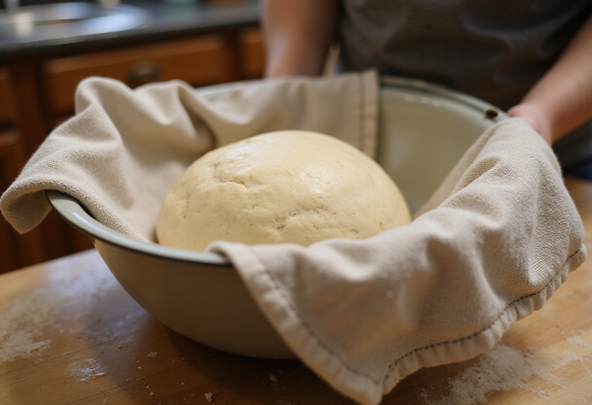 Letting batard bread dough rise in a bowl.