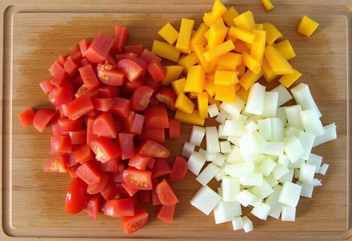 Freshly diced vegetables on a cutting board for Zesty Cowboy Caviar Dip.