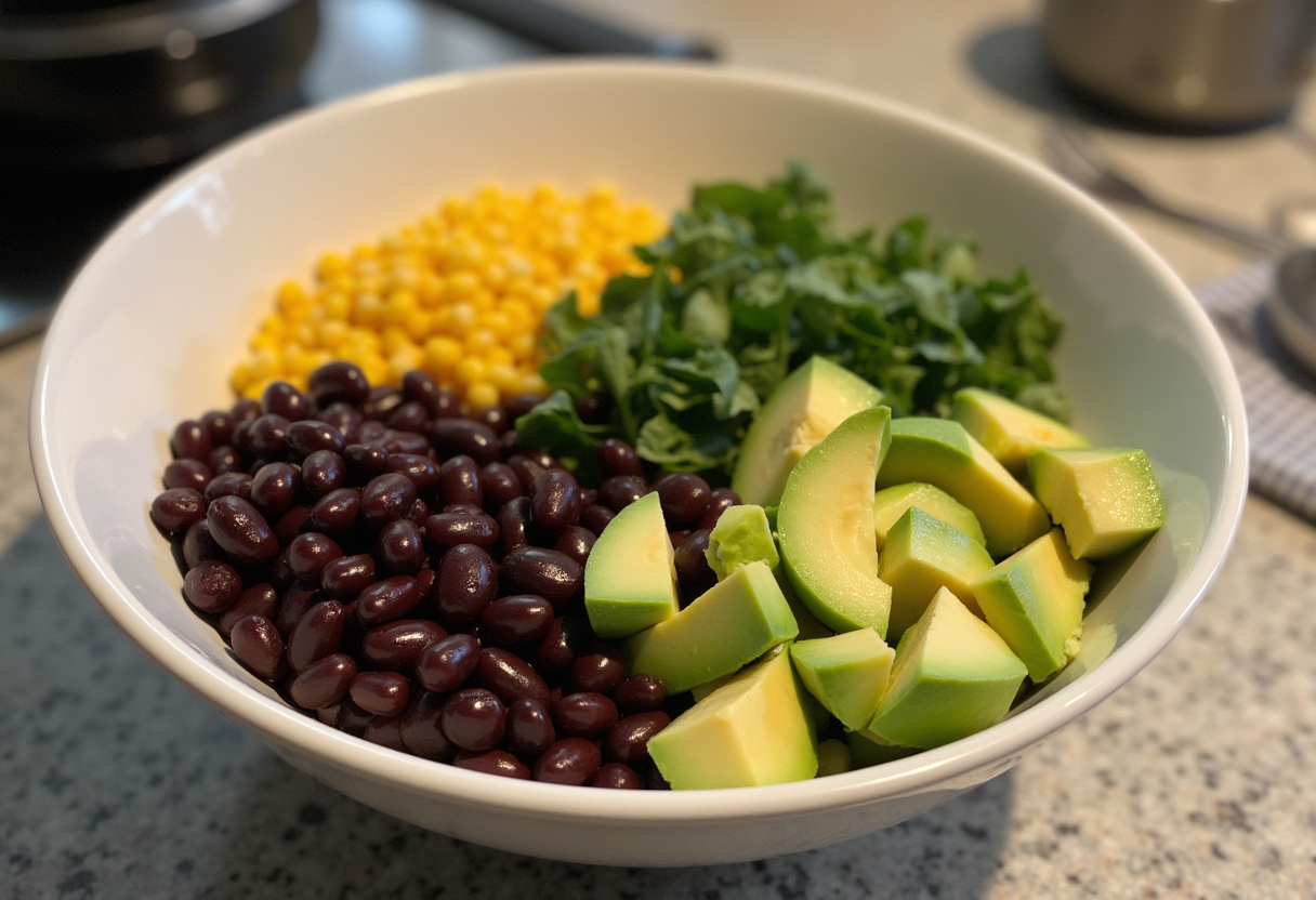 Black beans, corn, and avocado in a bowl for Zesty Cowboy Caviar Dip.