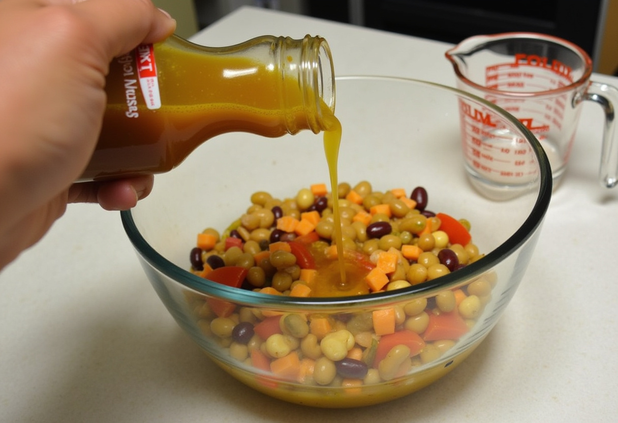 Zesty Italian dressing being added to the Cowboy Caviar Dip mixture.