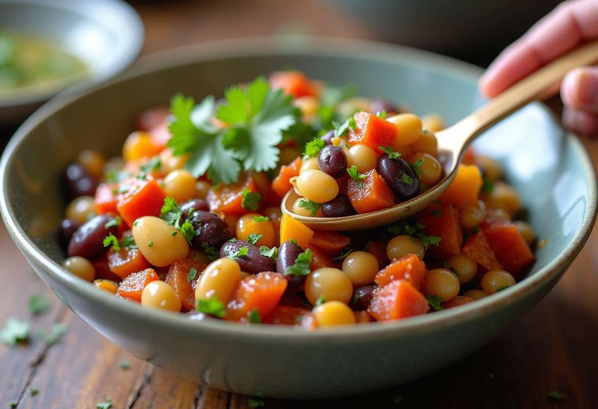 Mixing Zesty Cowboy Caviar Dip with fresh cilantro.