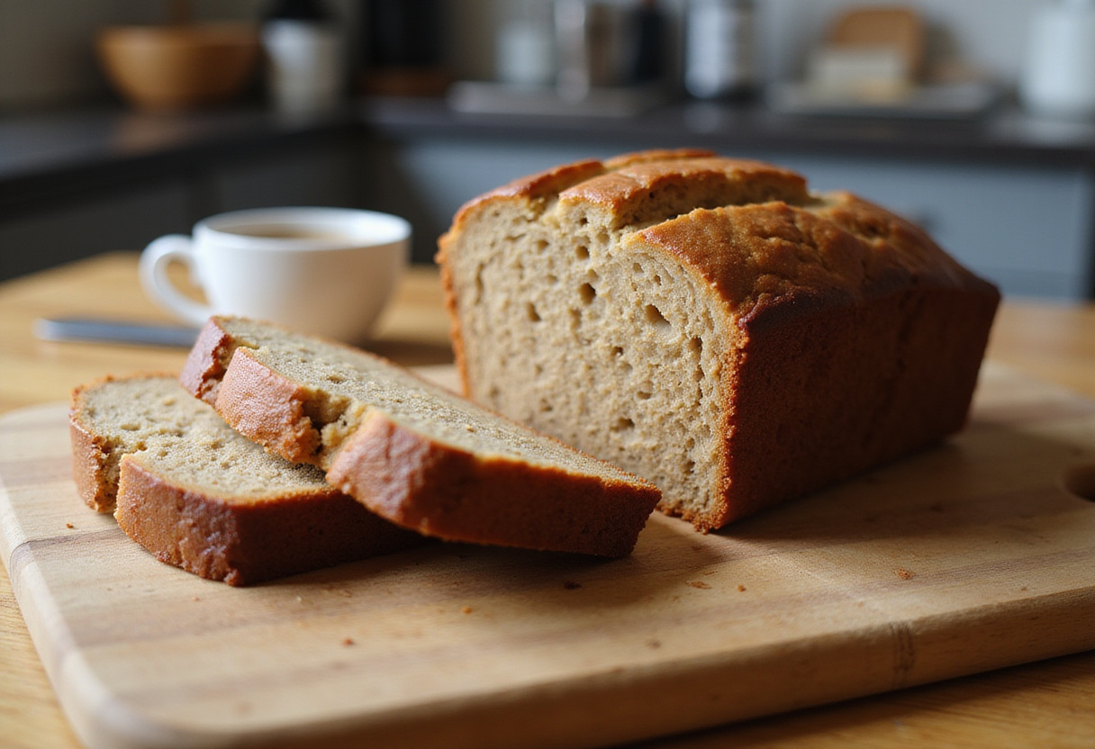 Freshly baked high altitude banana bread slice on a cutting board.