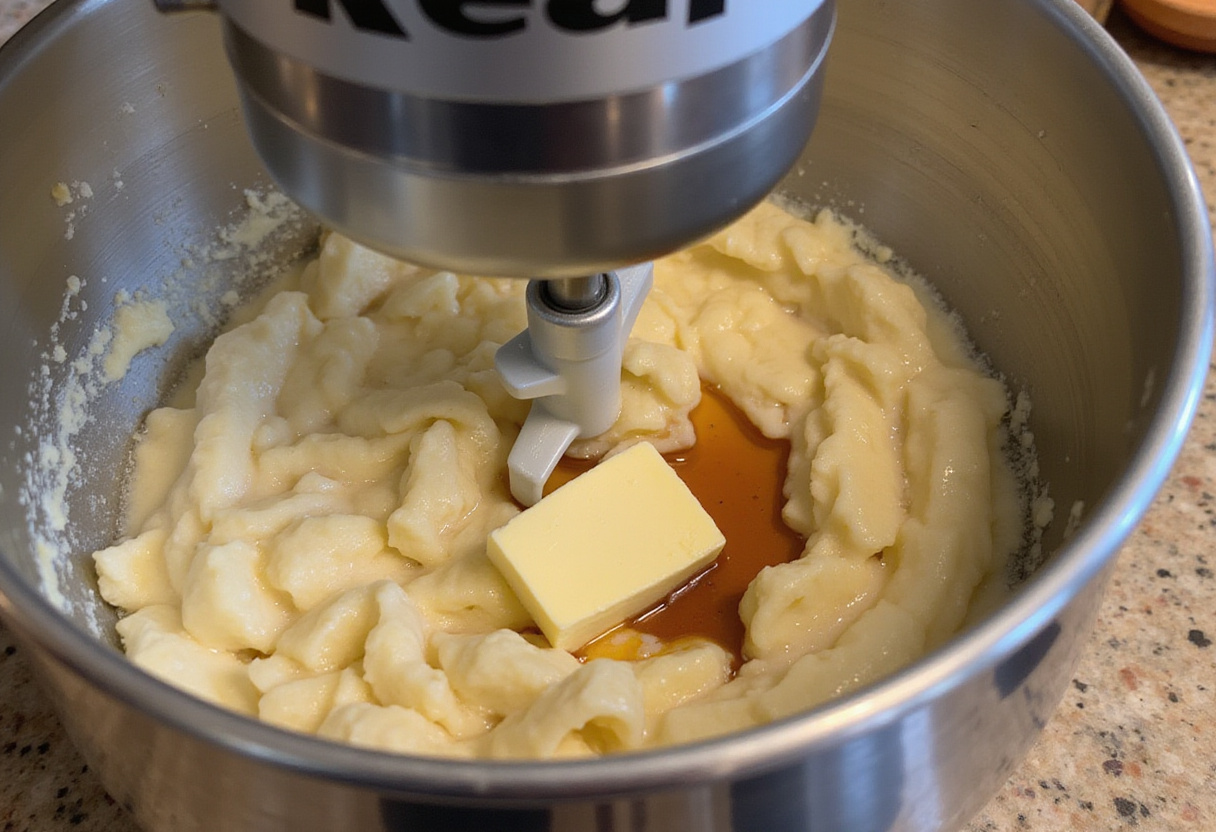 Mixing wet ingredients for high altitude banana bread in a stand mixer.