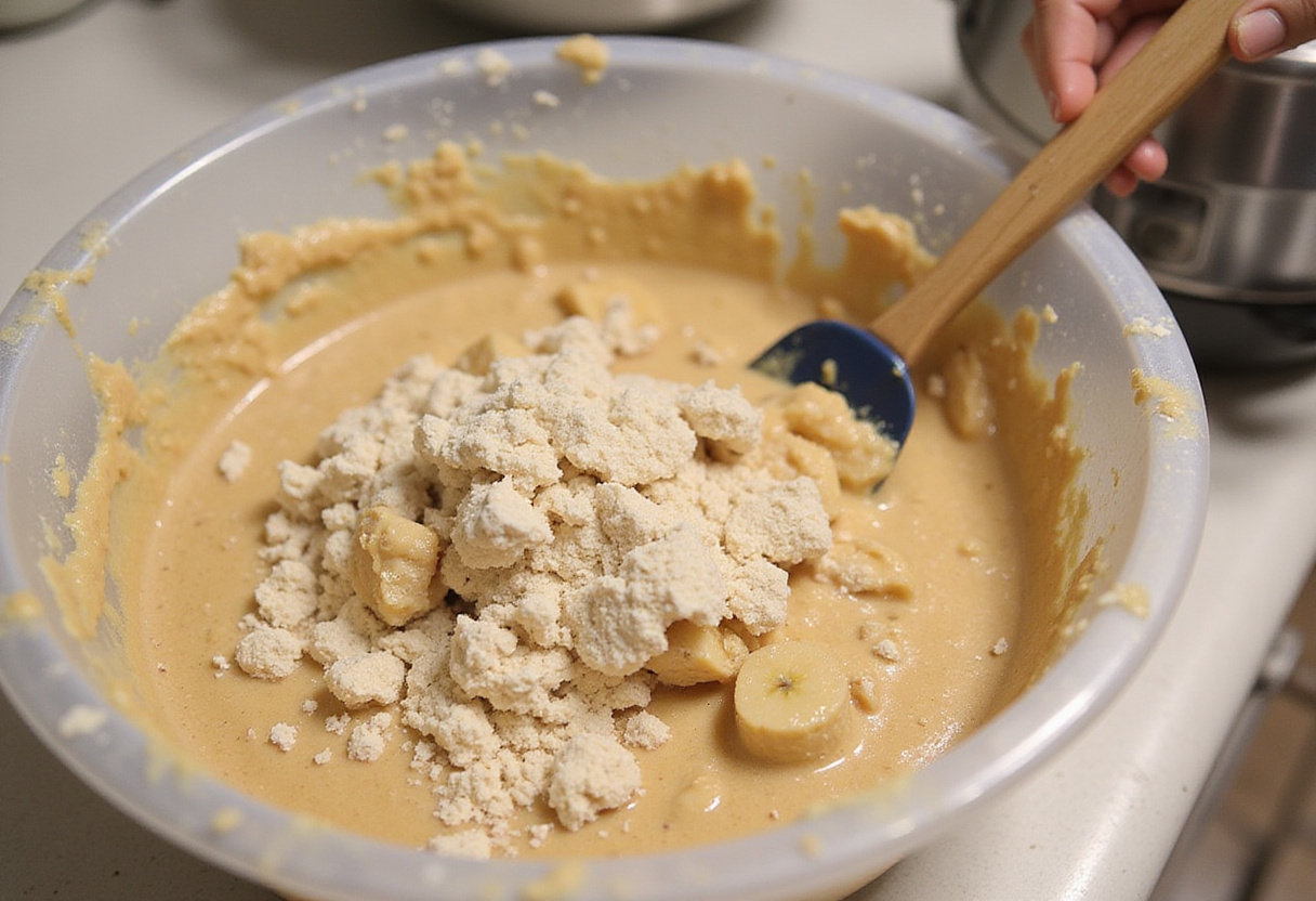Folding dry ingredients into wet ingredients for high altitude banana bread recipe.