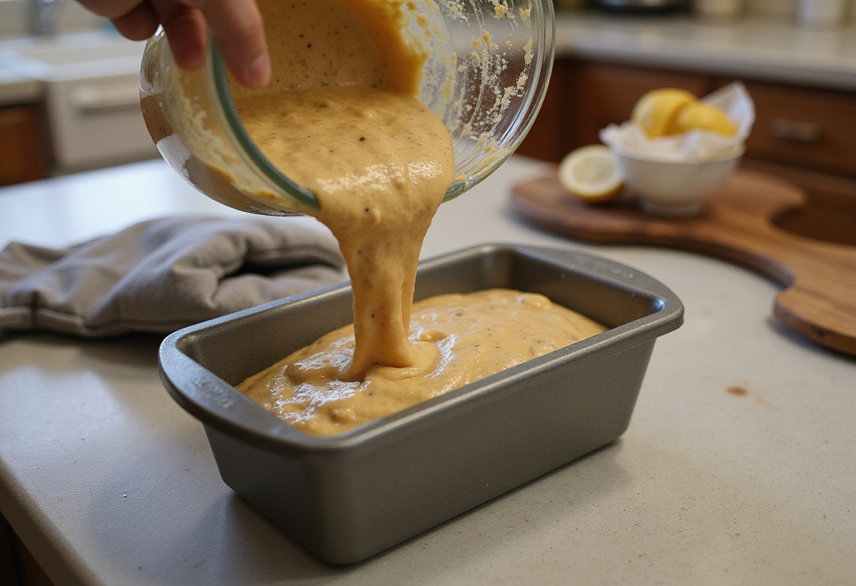 Pouring banana bread batter into a loaf pan at high altitude.