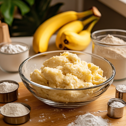 Ingredients for high altitude banana bread recipe on a kitchen counter.