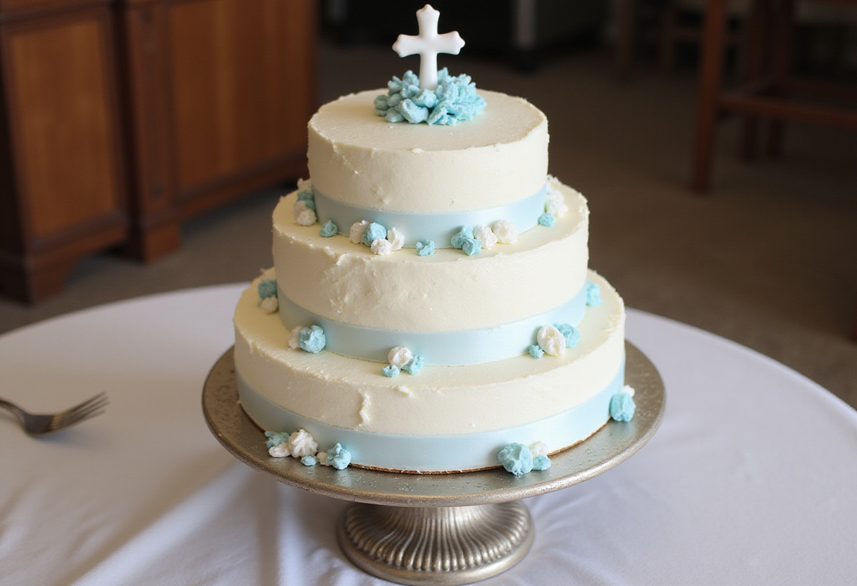 Exquisite baptism cake decorated with fondant, perfect for a special christening celebration.