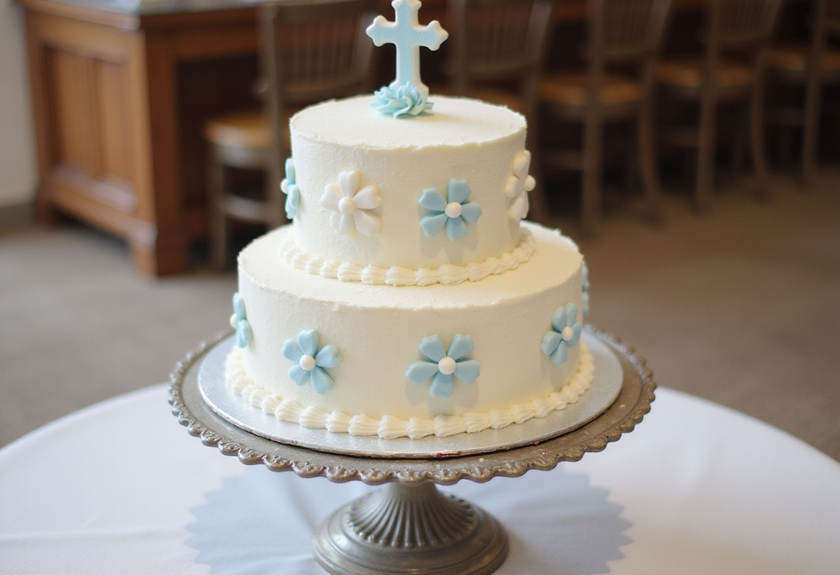 Exquisite baptism cake decorated with fondant, perfect for a special christening celebration.