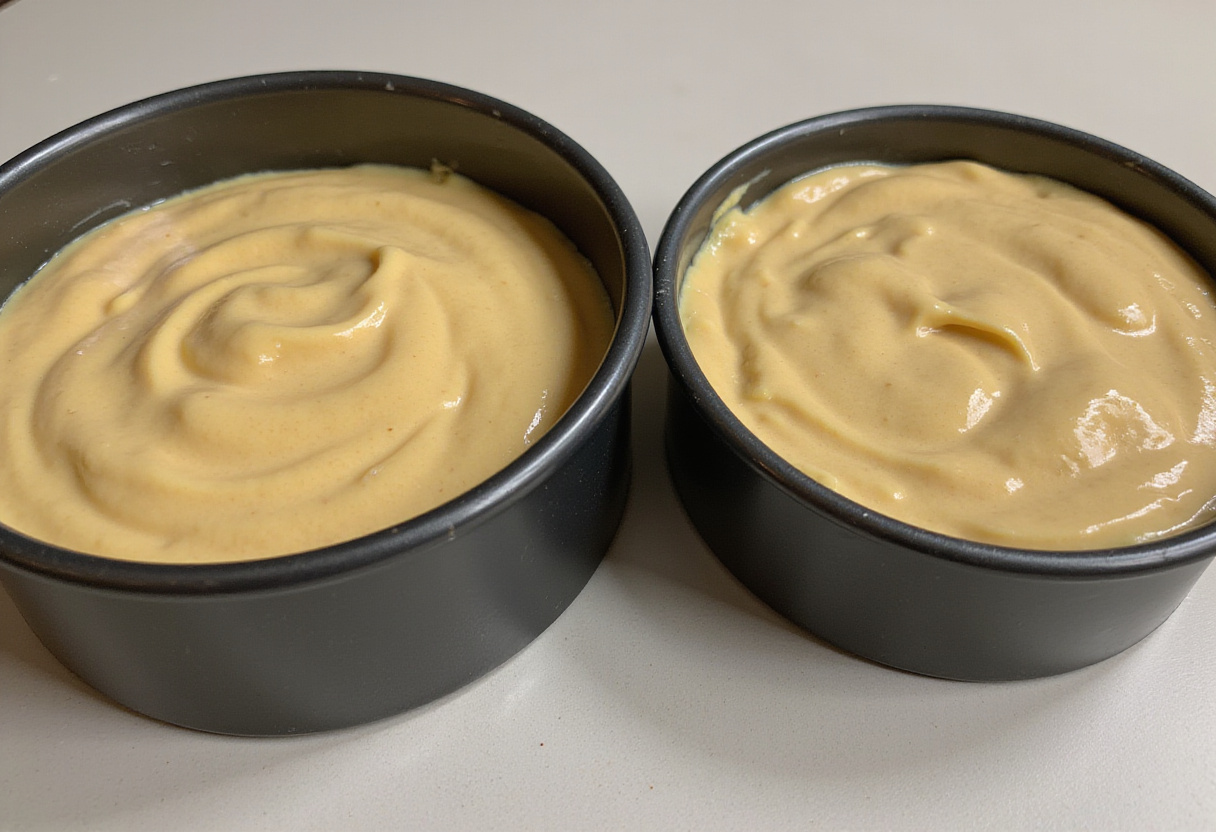 Cake pans filled with batter prepared for baking a delicious baptism cake.