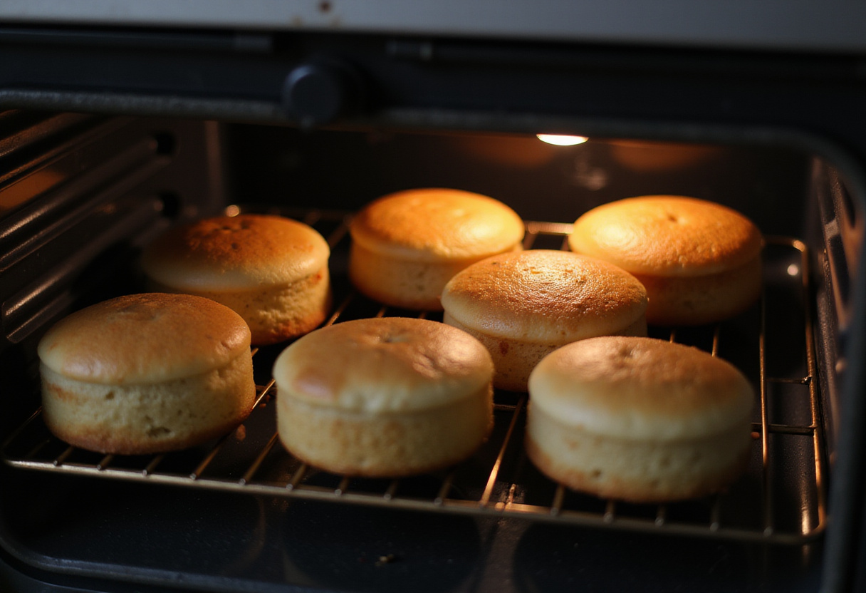 Cakes baking in the oven for a baptism cake recipe.