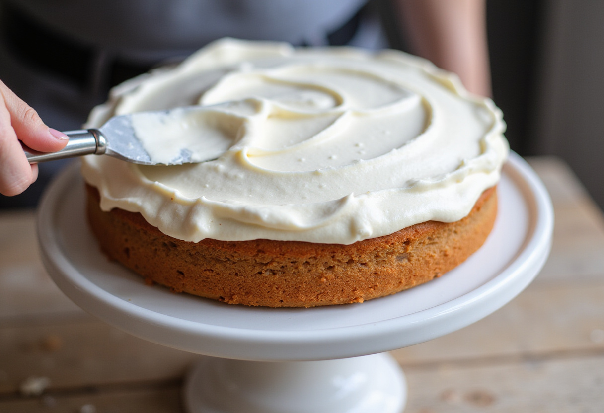 Cake layer frosted with with buttercream icing as part of the baptism cake process.