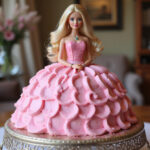 Finished Barbie cake with pink frosting and glitter, ready for a party.
