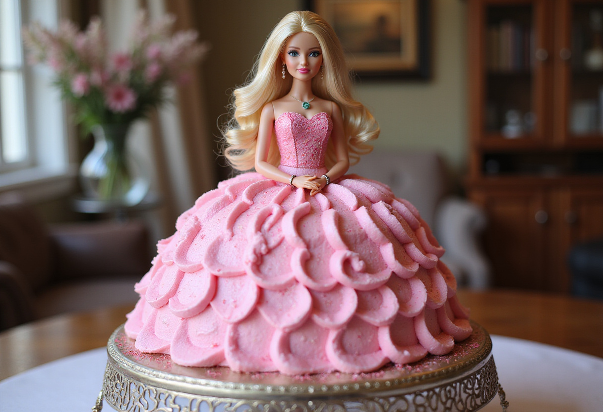 Finished Barbie cake with pink frosting and glitter, ready for a party.