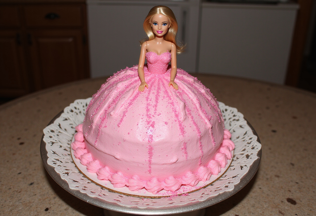 Finished Barbie cake with pink frosting and glitter, ready for a party.