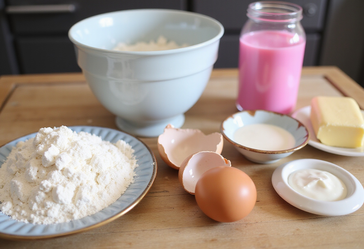 Ingredients for Barbie cake preparation on a kitchen counter.