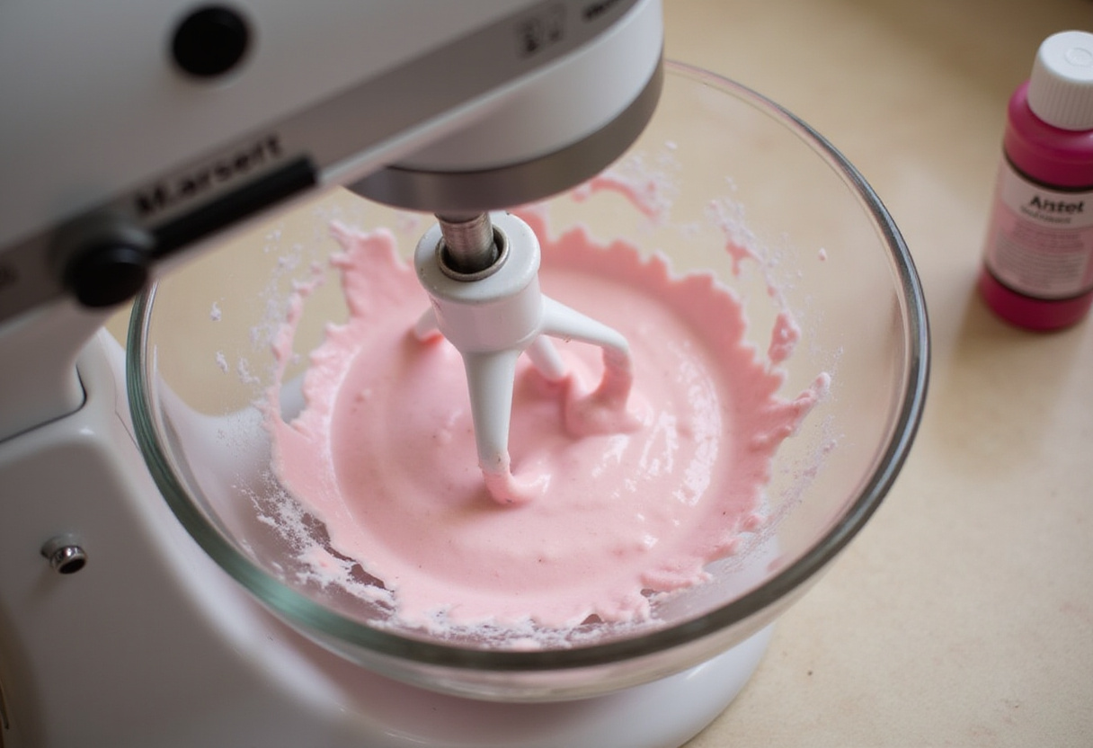Pink cake batter being mixed in a stand mixer for a Barbie cake.
