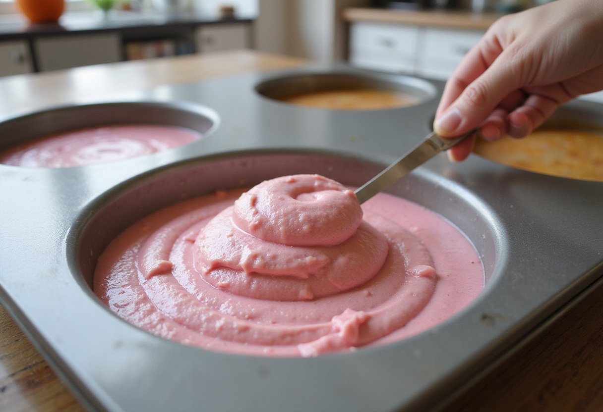 Pink batter being poured into dome-shaped cake pans for Barbie cake.