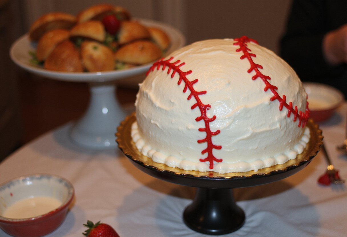 Finished baseball cake with frosting and stitching details, perfect for a baseball themed party.