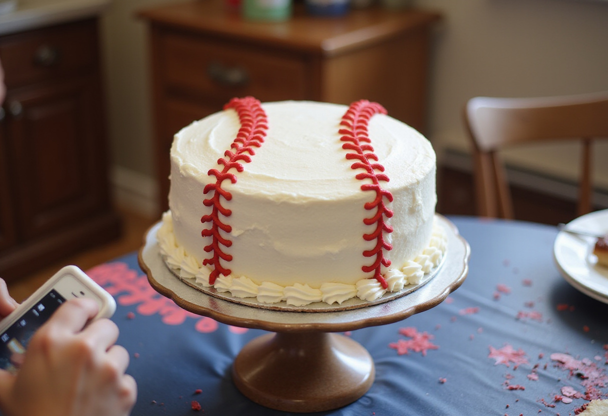 Finished baseball cake with frosting and stitching details, perfect for a baseball themed party.