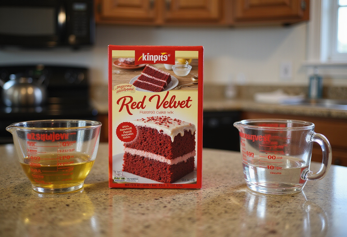 Red velvet cake mix and ingredients for a baseball cake.