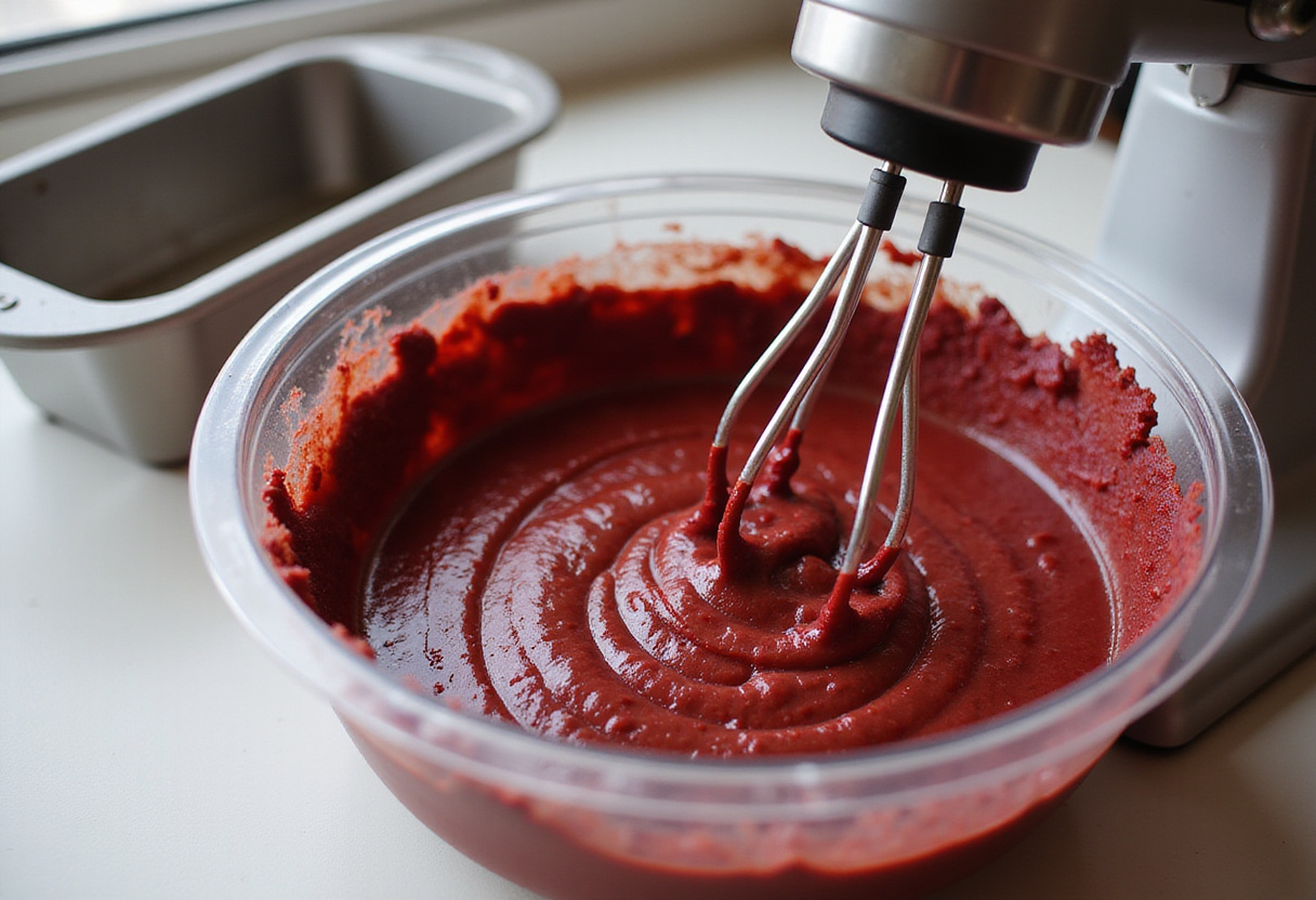 Red velvet cake batter being mixed for making a baseball cake.