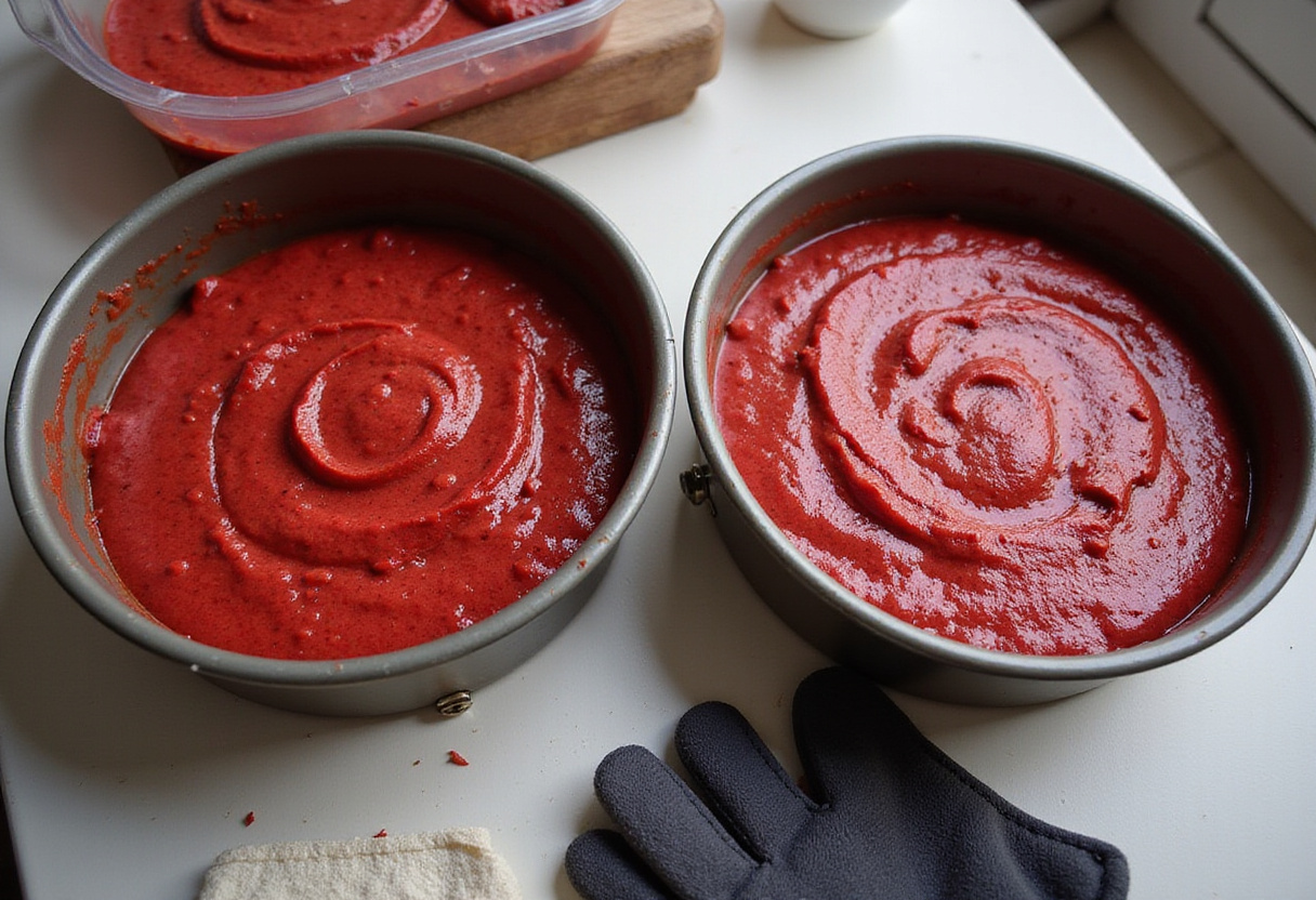 Red velvet cake batter in round cake pans ready for baking a baseball themed cake.