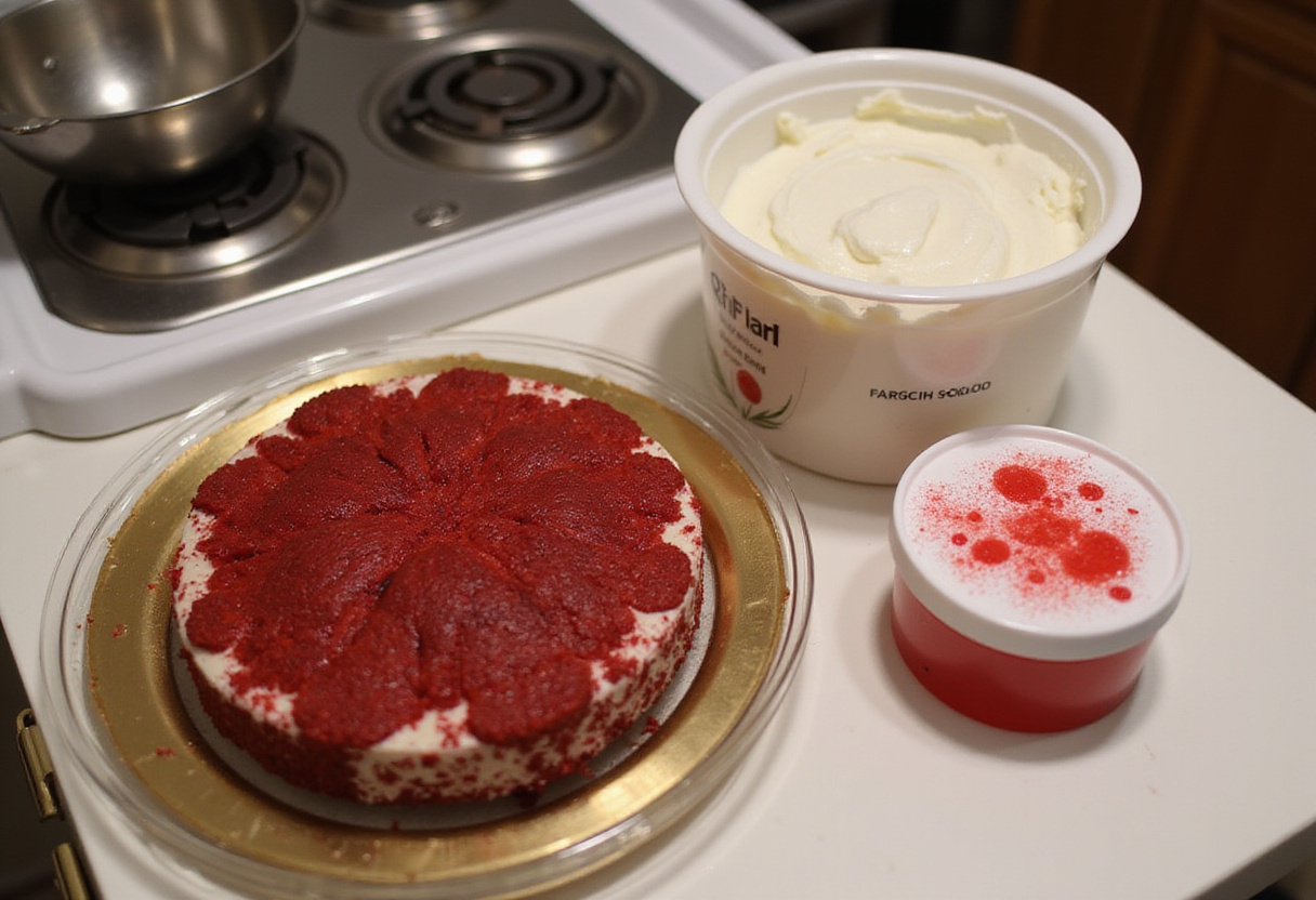 Ingredients for frosting the baseball cake, featuring white frosting and red food coloring.