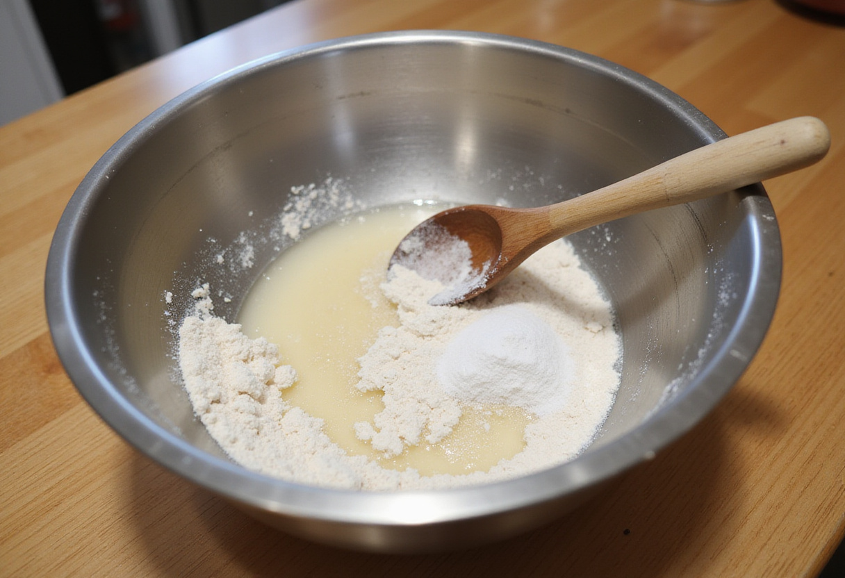 Mixing ingredients for batard bread dough in a stainless steel bowl.