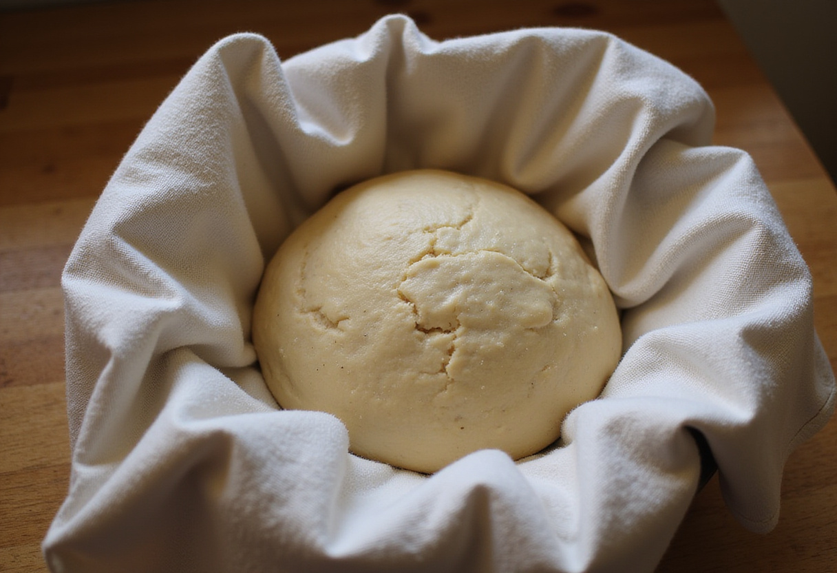 Batard bread dough proofing in a bowl covered with a towel.