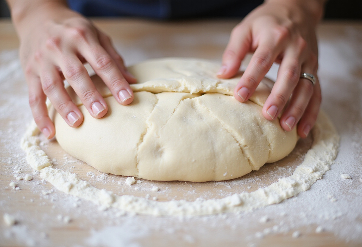 Folding batard bread dough on a floured surface.