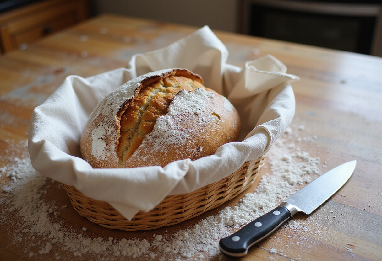 Batard bread dough in a proofing basket for final rise.