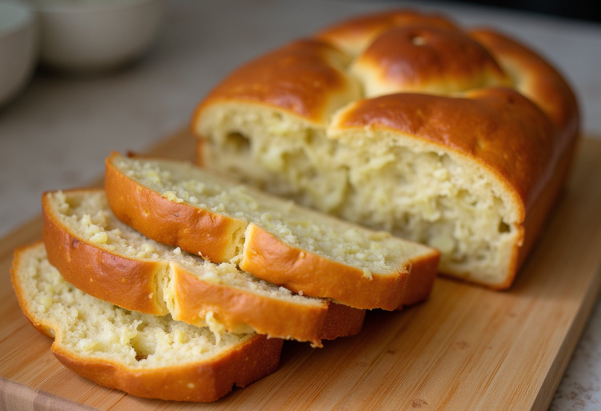 Freshly baked cabbage bread with savory cabbage filling, ready to eat.