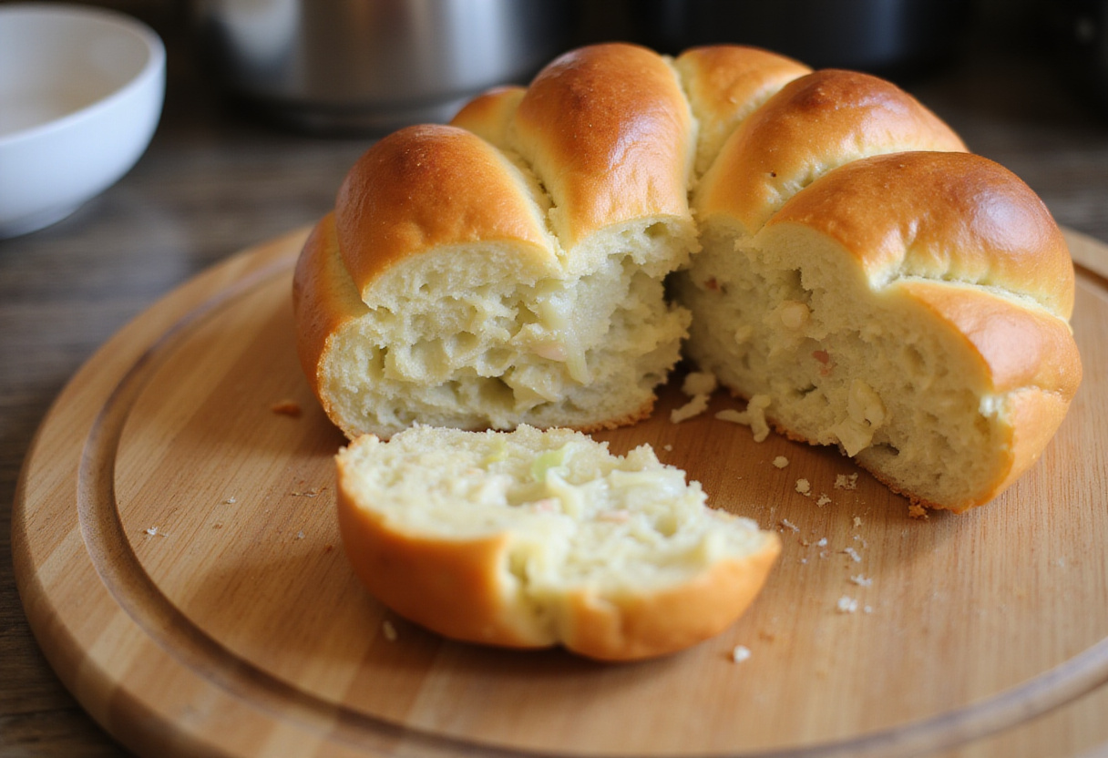 Freshly baked cabbage bread with savory cabbage filling, ready to eat.