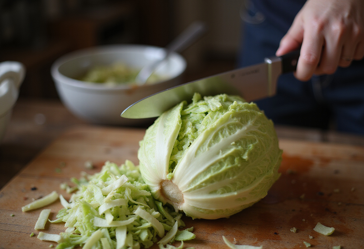 Shredded green cabbage being prepared for homemade cabbage bread recipe.