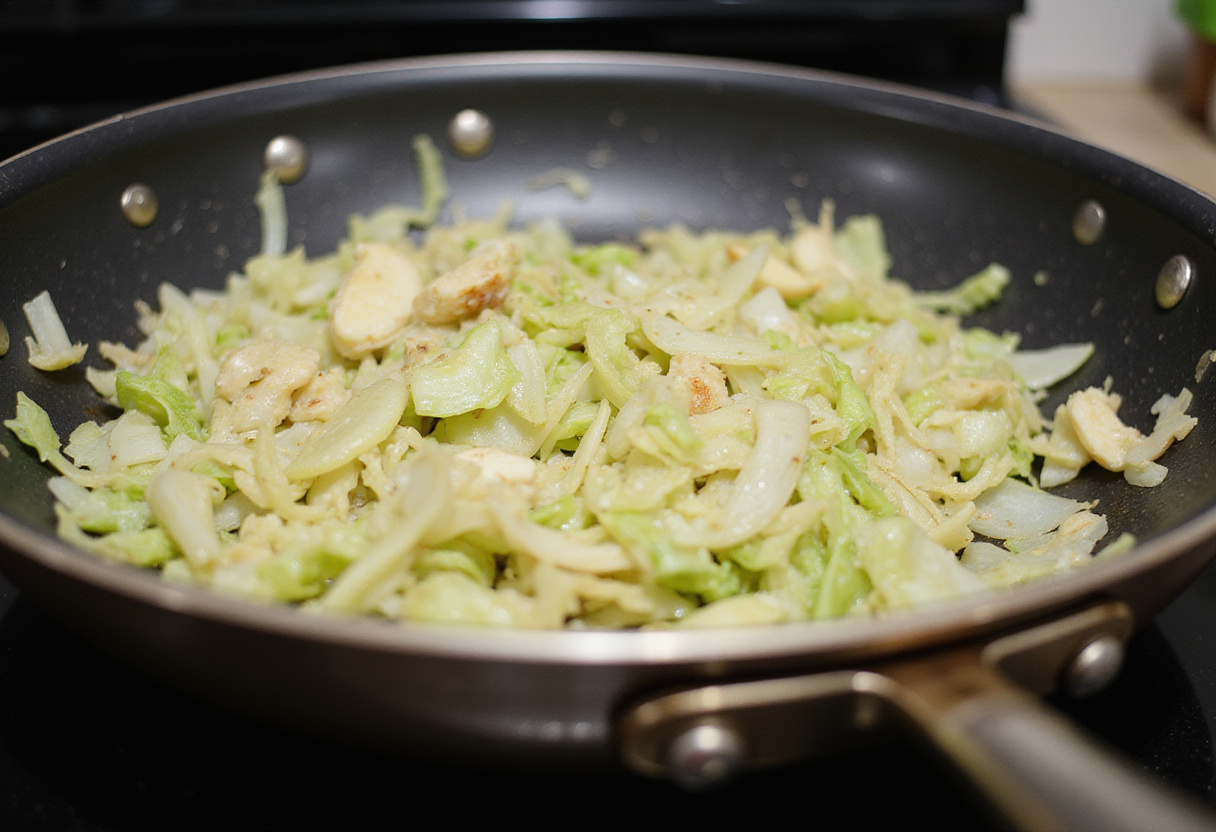 Sautéing shredded cabbage with onions and garlic for cabbage bread filling.