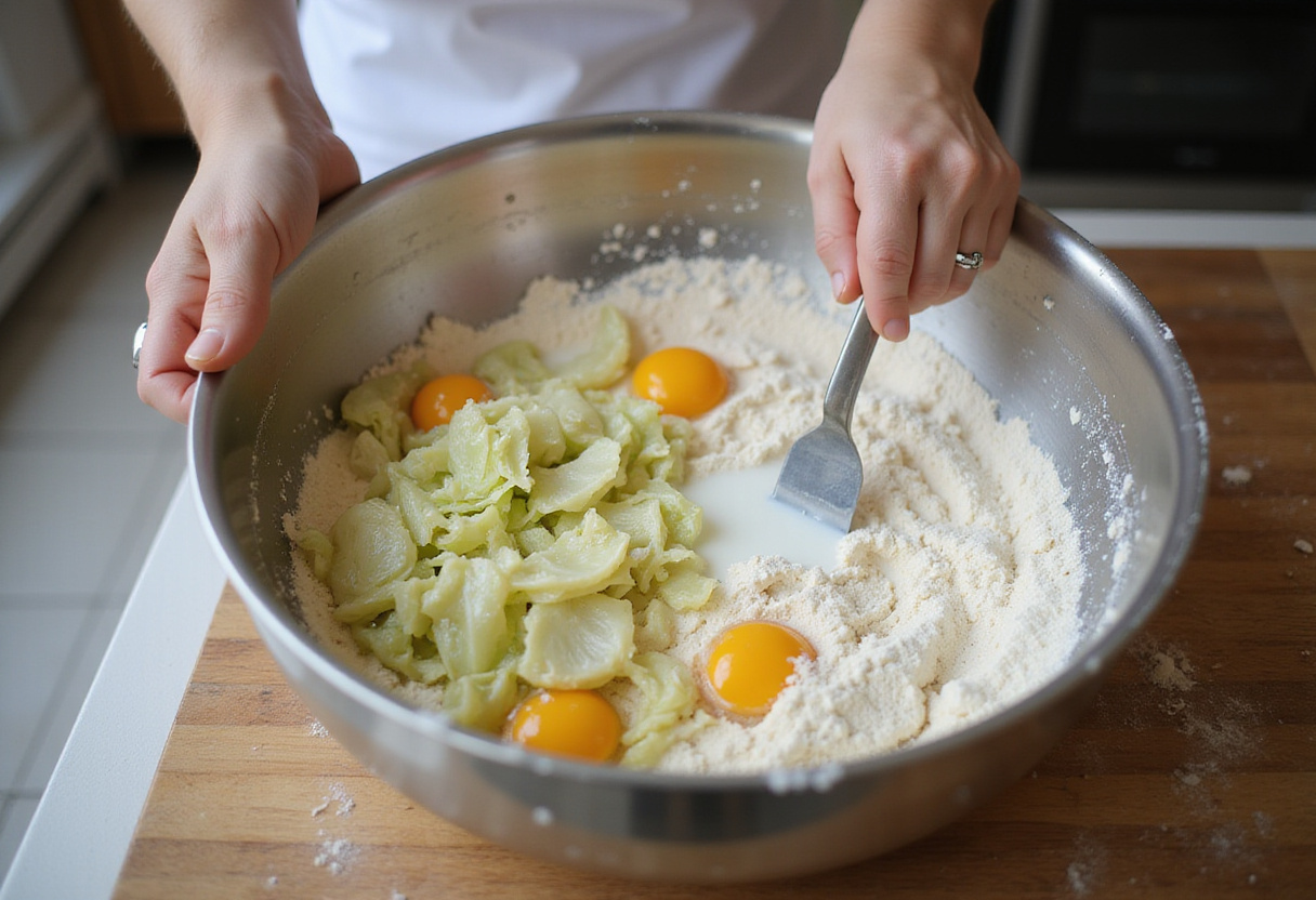Mixing ingredients for cabbage bread dough in a kitchen setting.