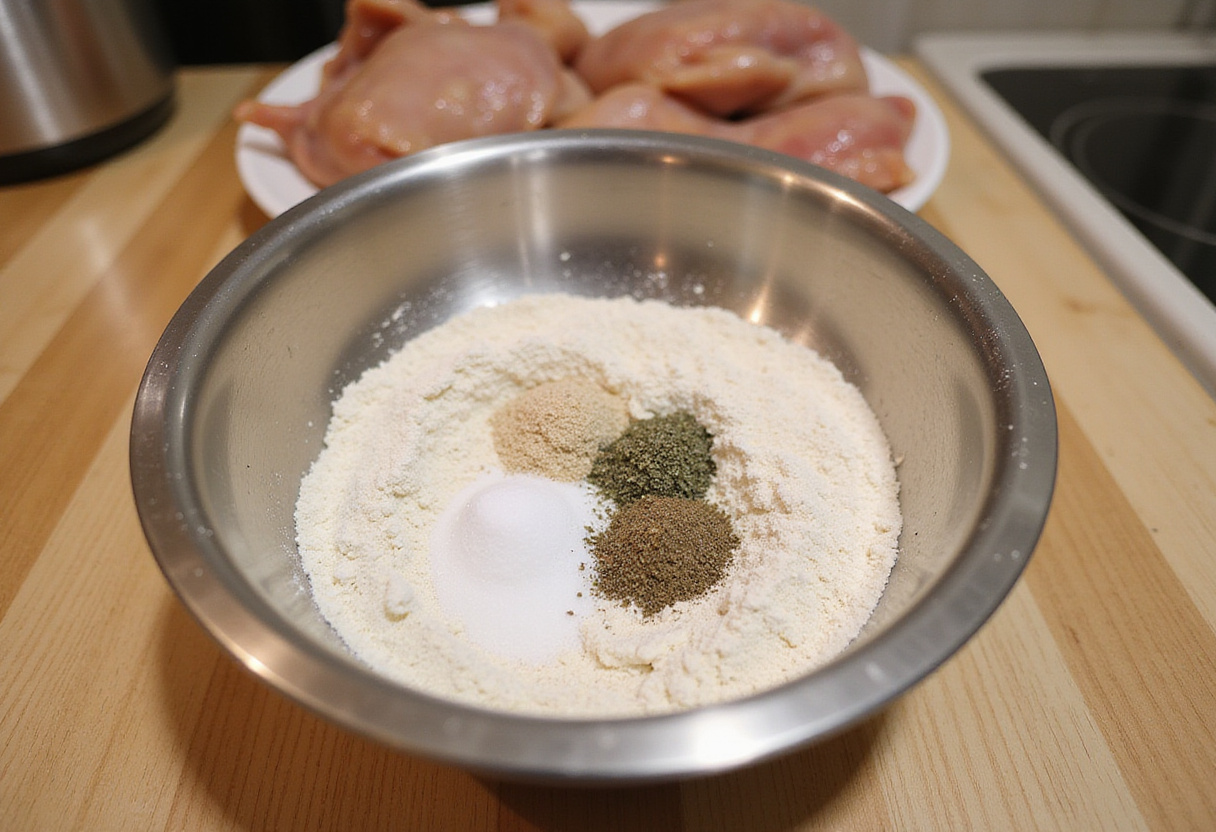 Ingredients for chicken breading on a kitchen counter.