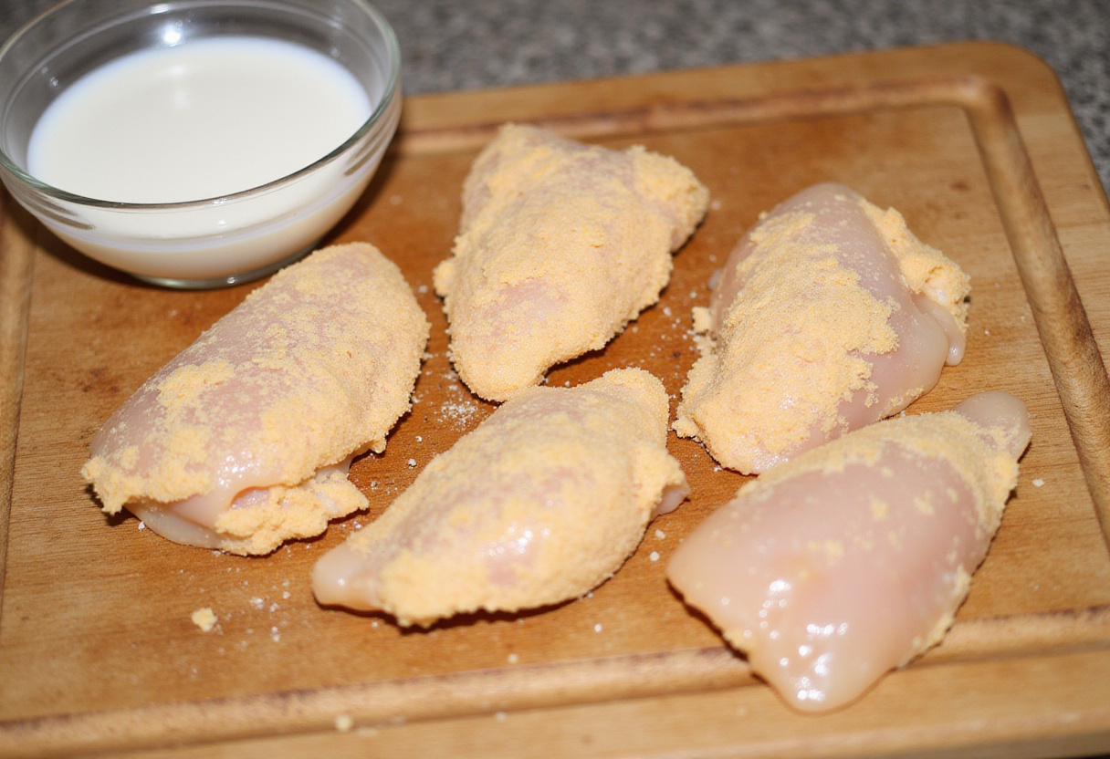 Chicken breasts ready for breading in a kitchen.
