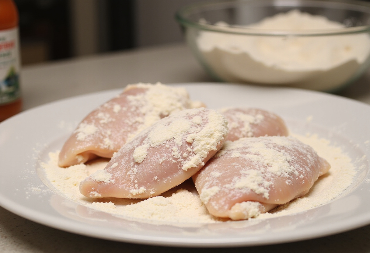 Chicken breasts being coated in flour mixture for chicken bread.