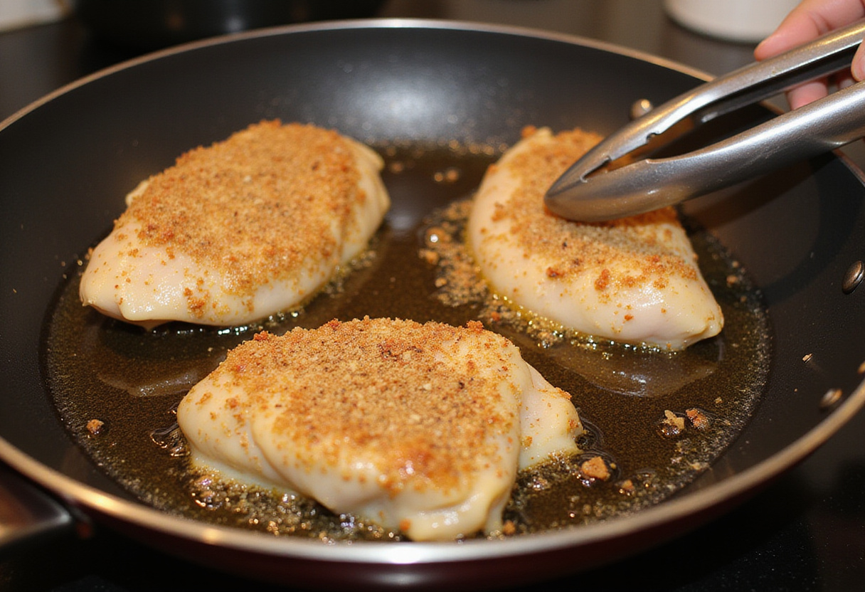 Chicken breasts frying in a skillet for chicken bread recipe.