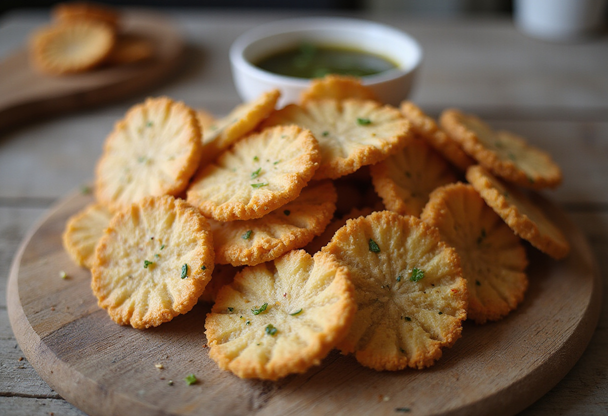 Pile of homemade cottage cheese chips seasoned with herbs, a healthy snack.