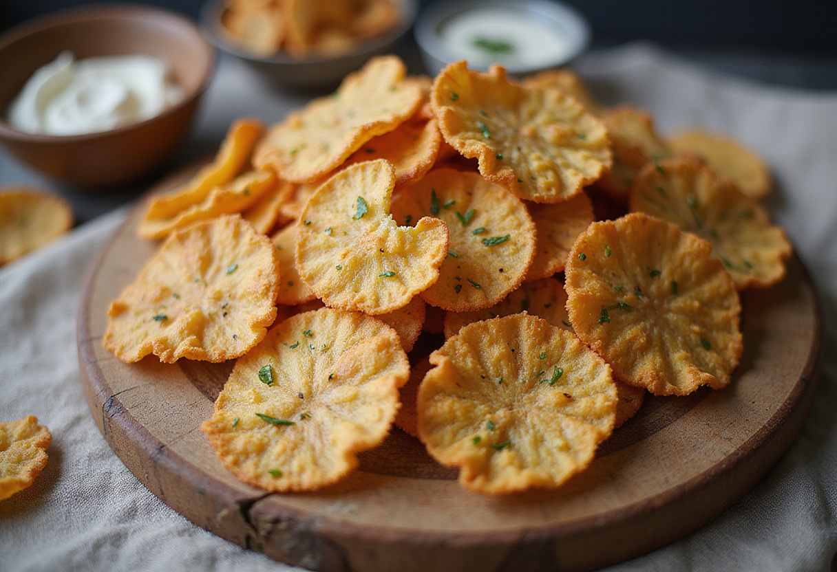 Pile of homemade cottage cheese chips seasoned with herbs, a healthy snack.