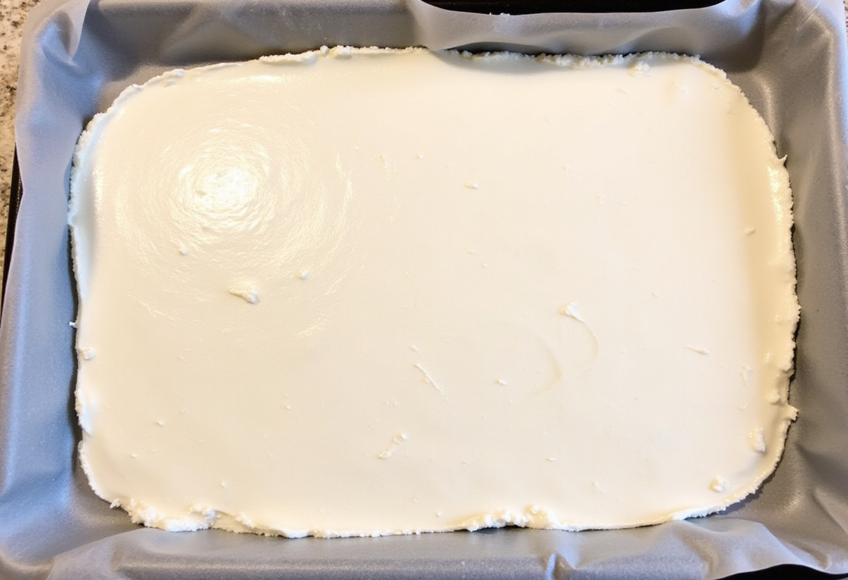 Cottage cheese spread on parchment paper for baking into chips.
