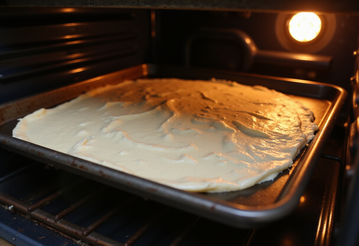 Baking sheet with cottage cheese being placed in the oven for chips.