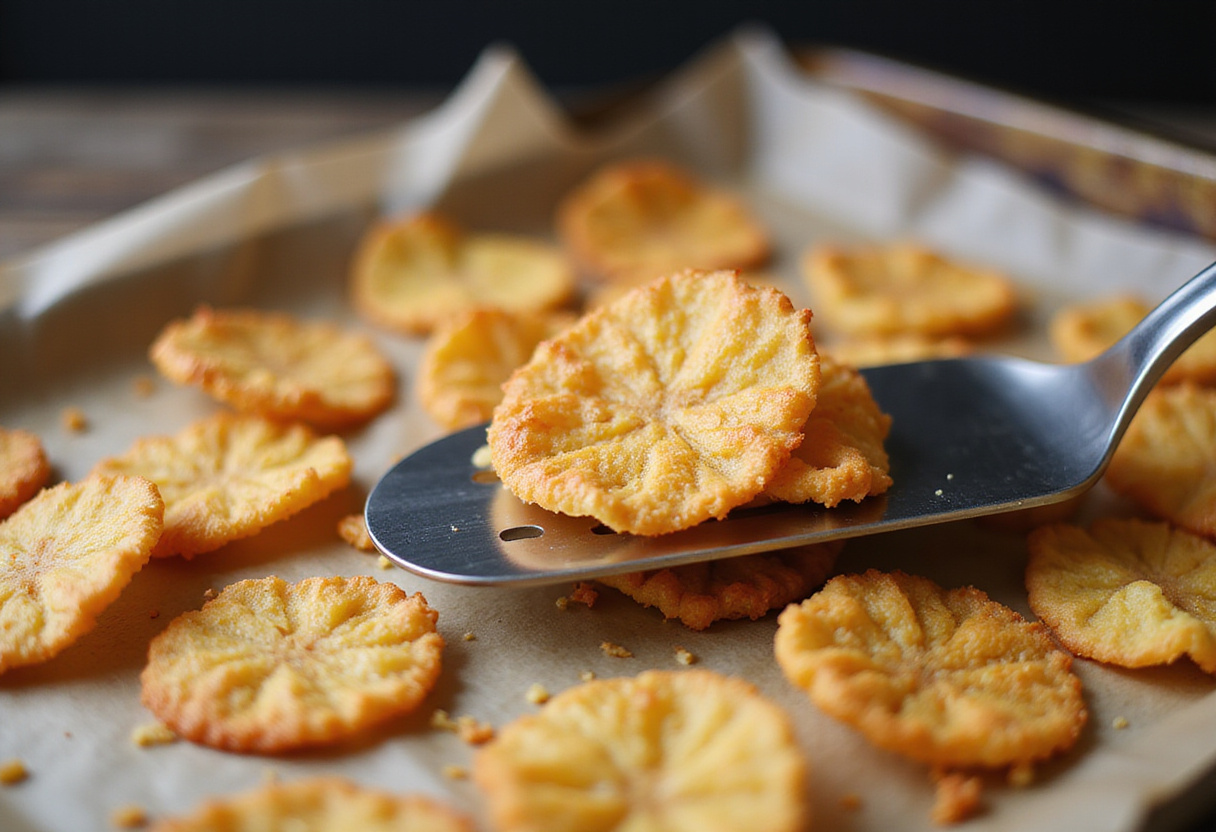 Crispy cottage cheese chips being lifted from the baking sheet.