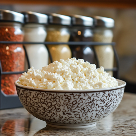 Bowl of cottage cheese with seasonings for making cottage cheese chips.