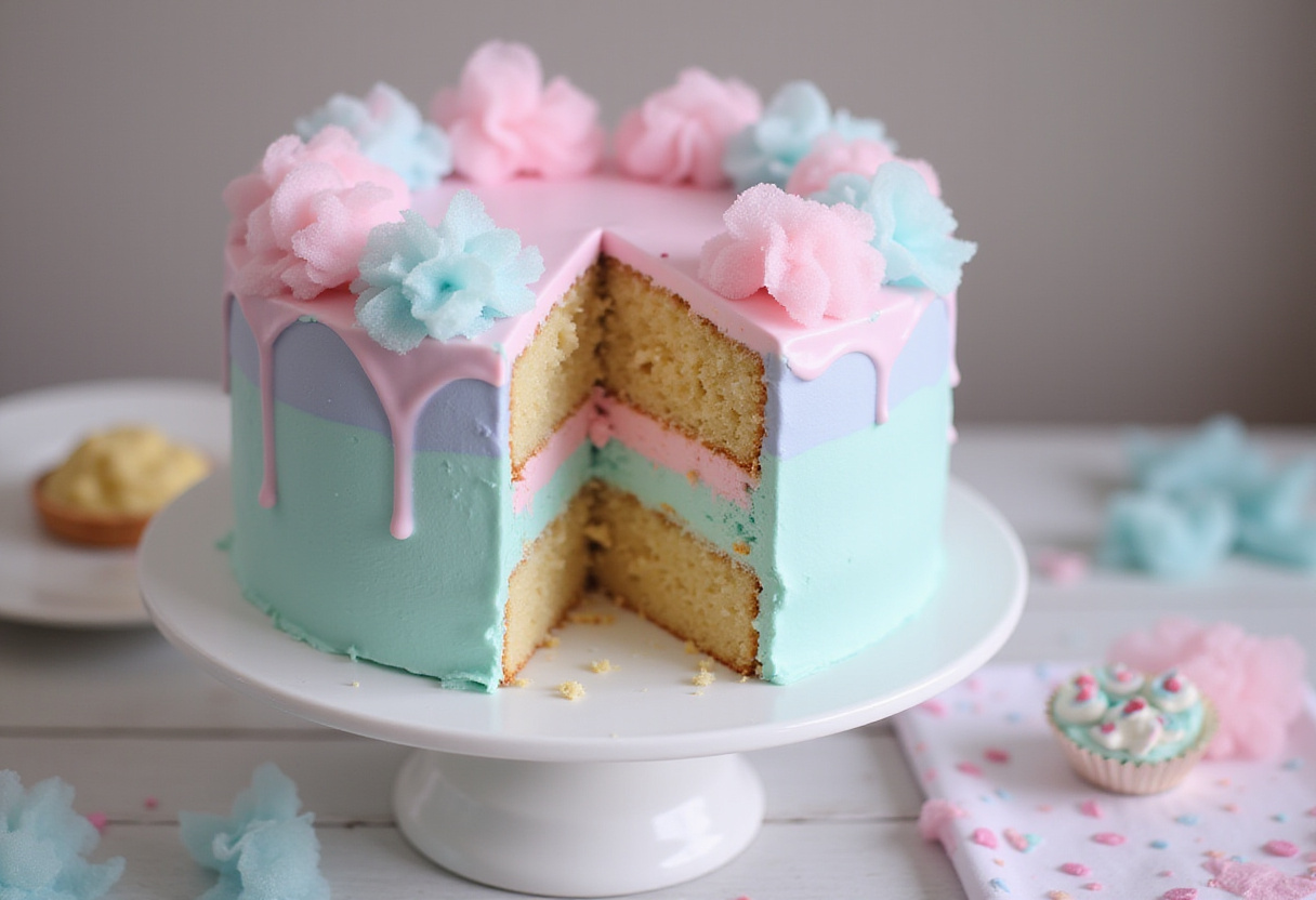 Finished cotton candy cake with frosting and cotton candy decorations.