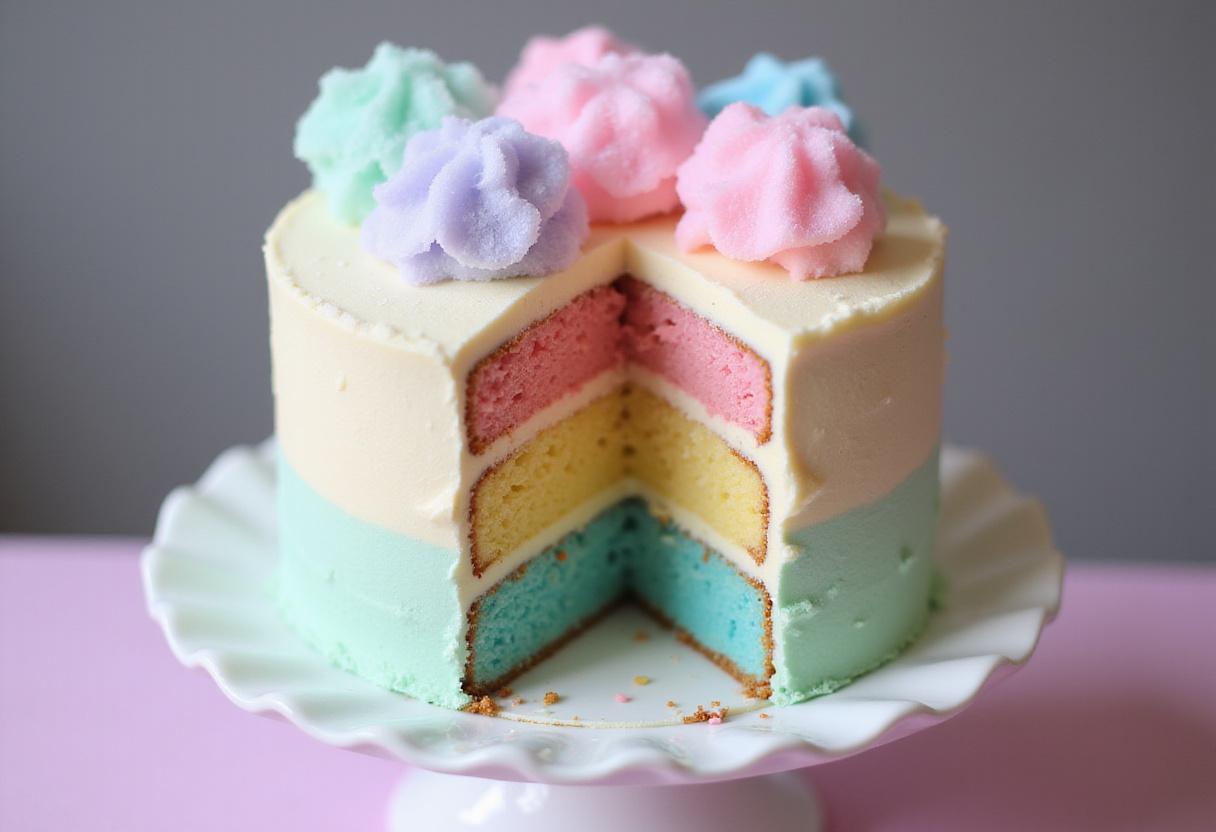 Finished cotton candy cake with frosting and cotton candy decorations.