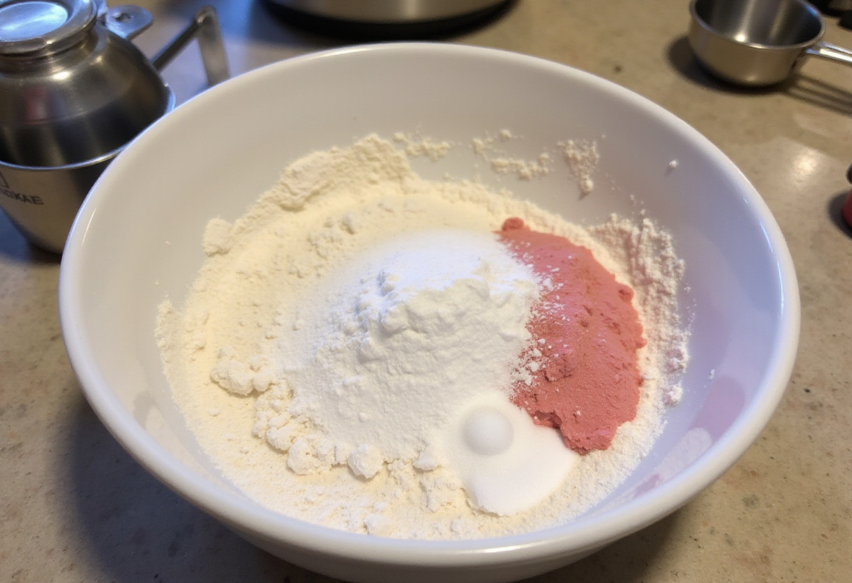 Dry ingredients for cotton candy cake in a mixing bowl.