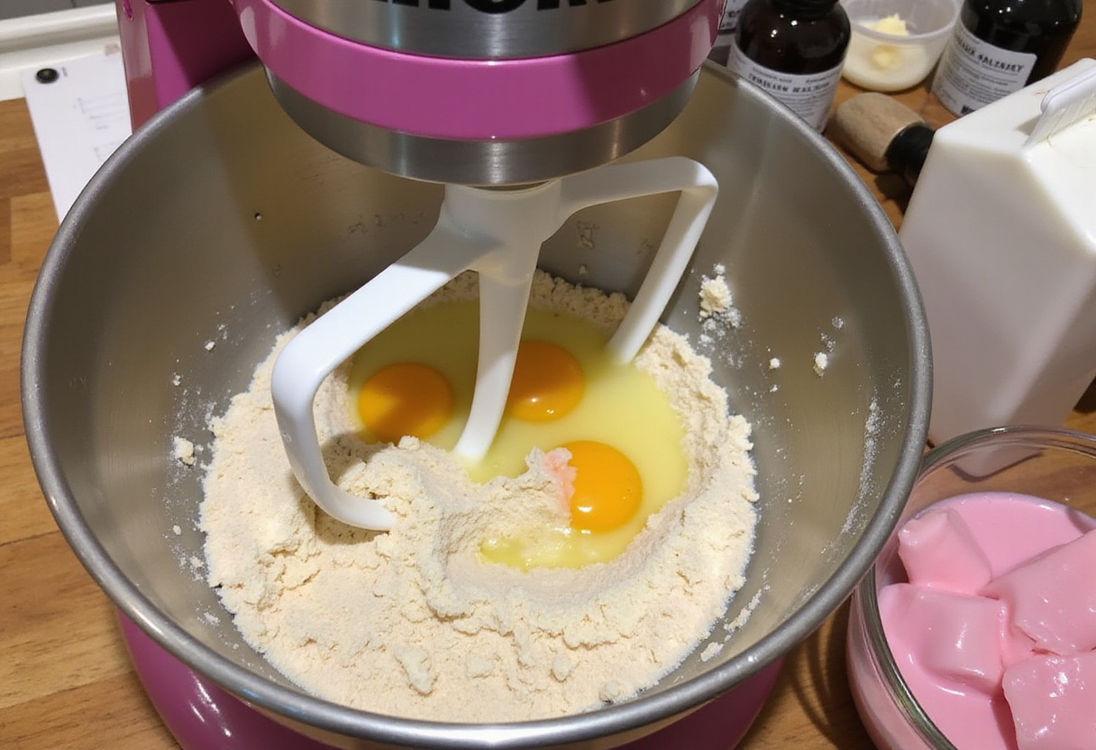 Mixing cotton candy cake batter with a stand mixer.